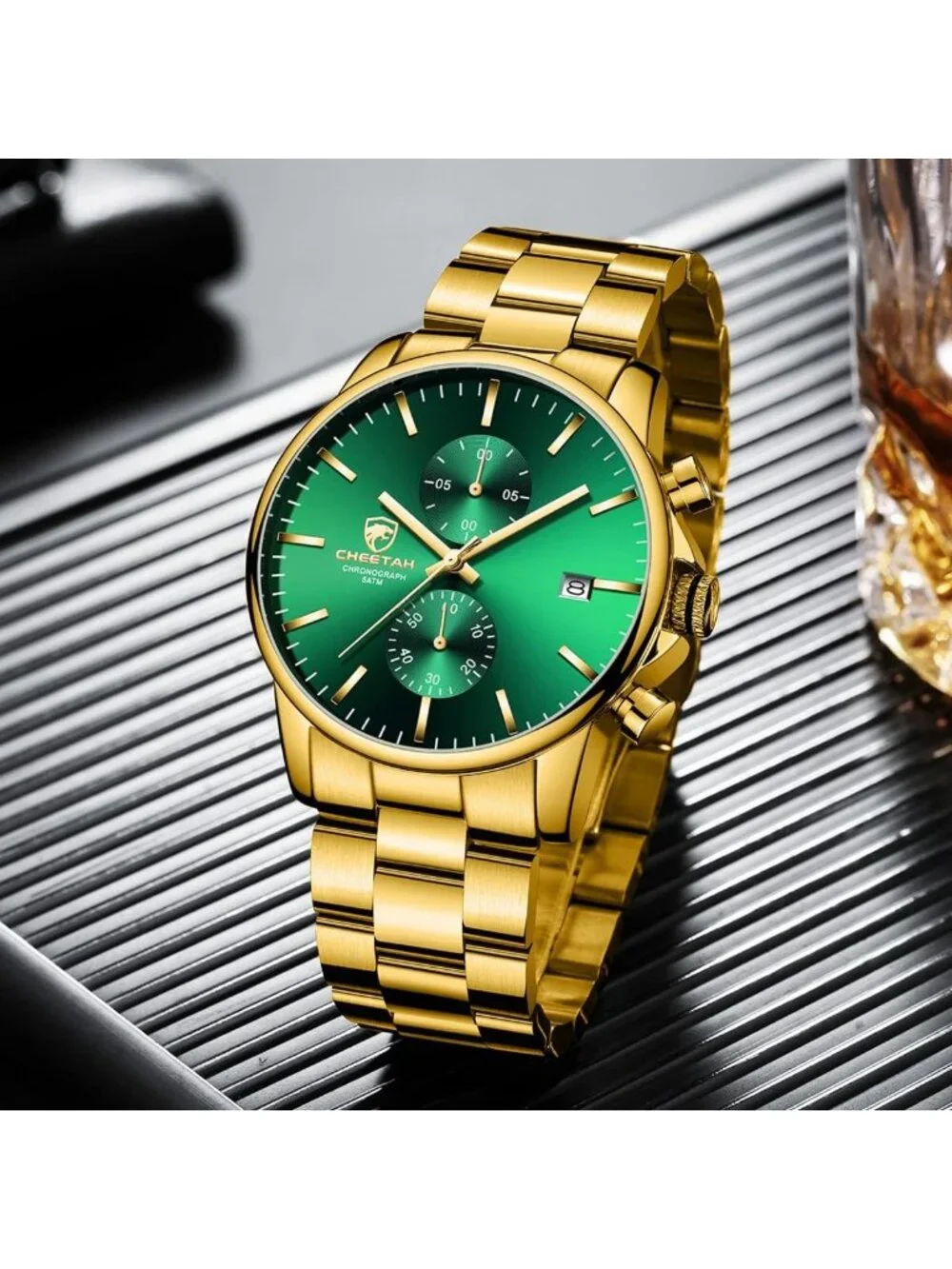 Men's Gold Green Classic Stainless Steel Waterproof Chronograph Quartz Watch